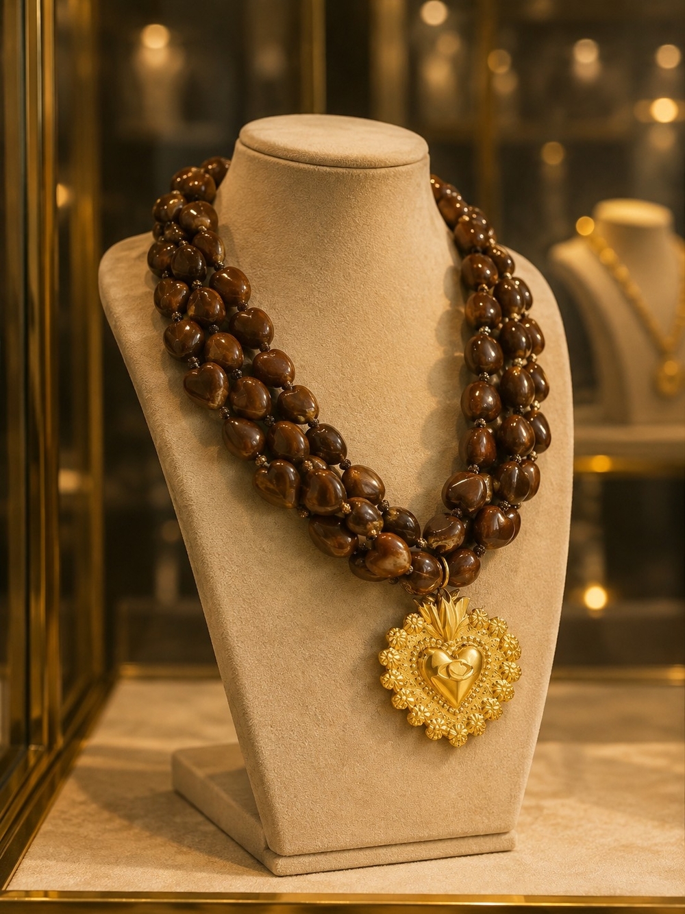 Brown Beaded Statement Necklace with Gold Heart Pendant